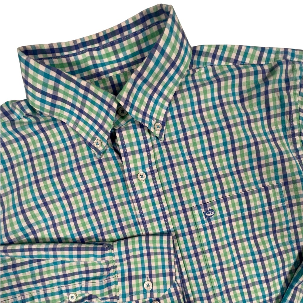 Southern Tide Shirt Mens S Green Blue Gingham Plaid Button Down Skipjack Stretch